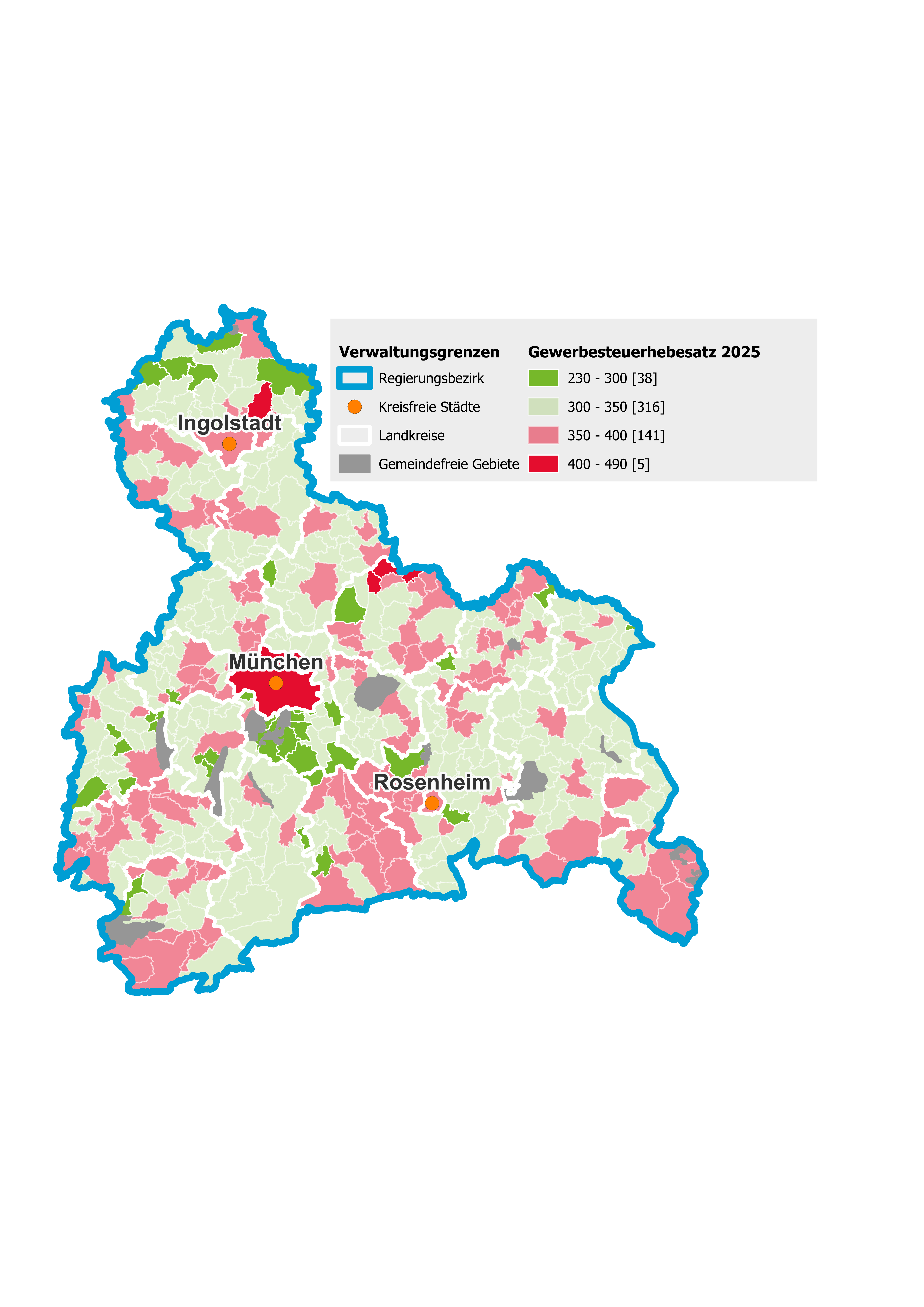 Gewerbesteuerhebesätze in den oberbayerischen Kommunen 2025